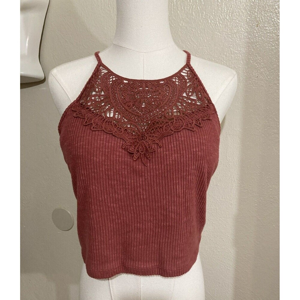 SO Juniors Size XL Rust Ribbed Crocheted Boho Cropped Cami with no bra Padding